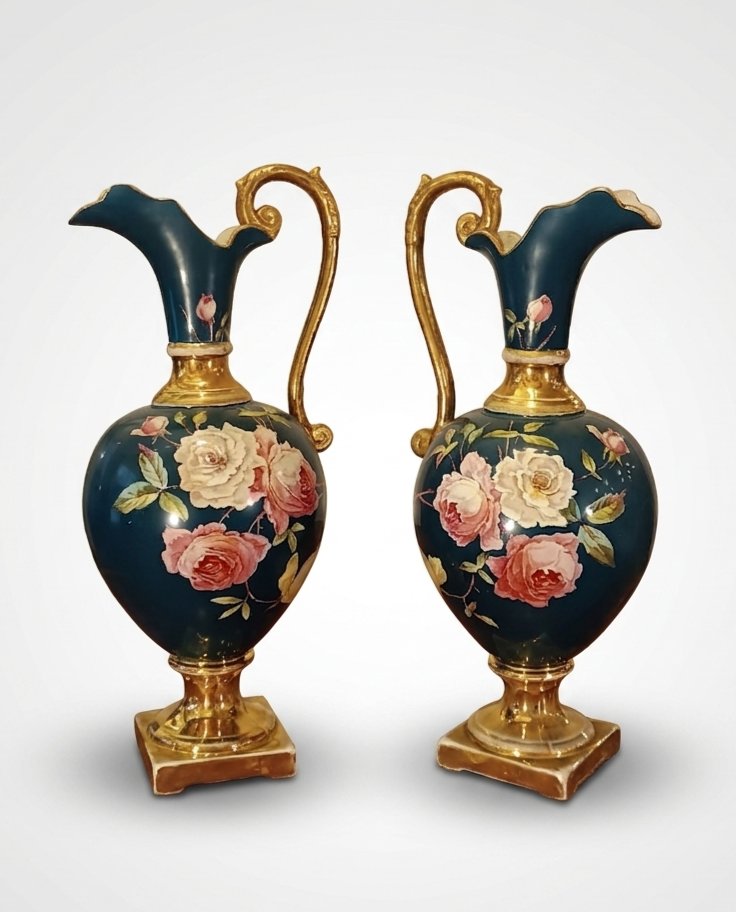 COPPIA DI BROCCHE IN PORCELLANA POLICROMA FINE XIX SECOLO