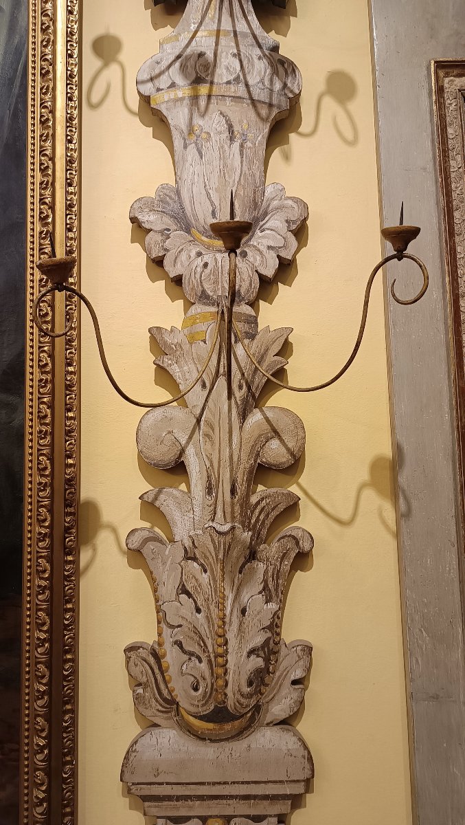 GRANDE APPLIQUE IN LEGNO DIPINTO META' XIX SECOLO-photo-4