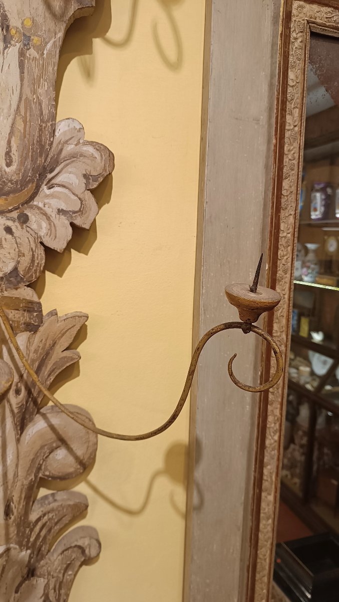 GRANDE APPLIQUE IN LEGNO DIPINTO META' XIX SECOLO-photo-2