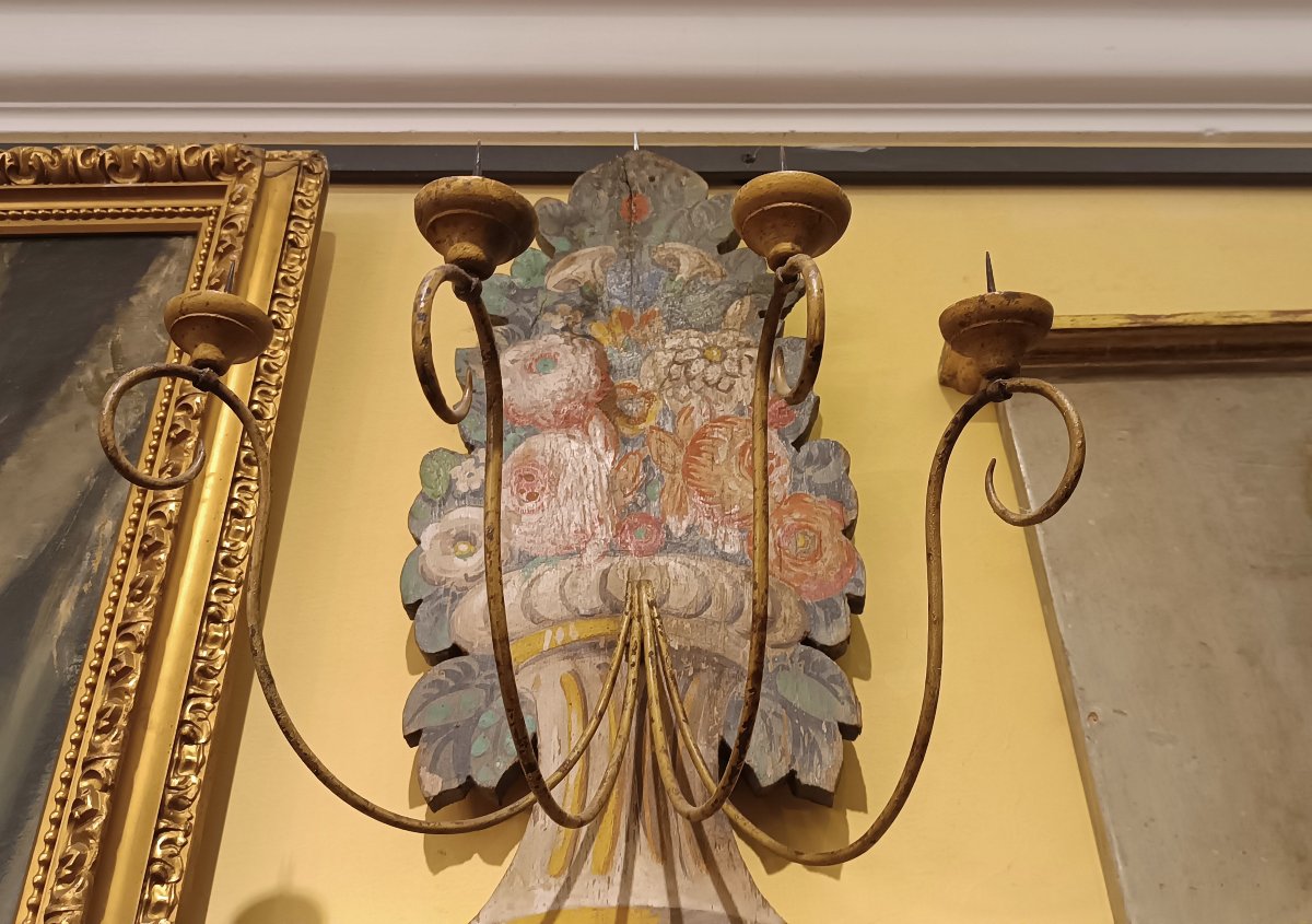 GRANDE APPLIQUE IN LEGNO DIPINTO META' XIX SECOLO-photo-5