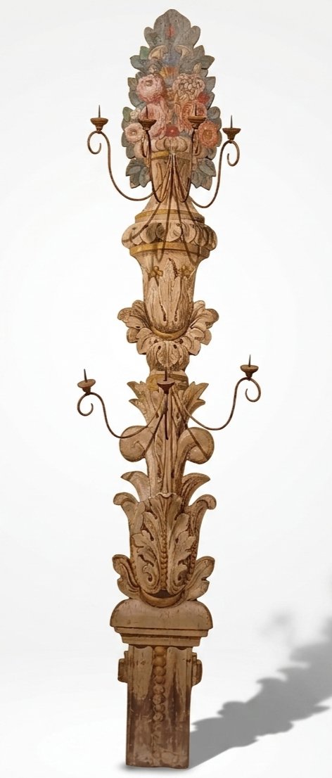 GRANDE APPLIQUE IN LEGNO DIPINTO META' XIX SECOLO