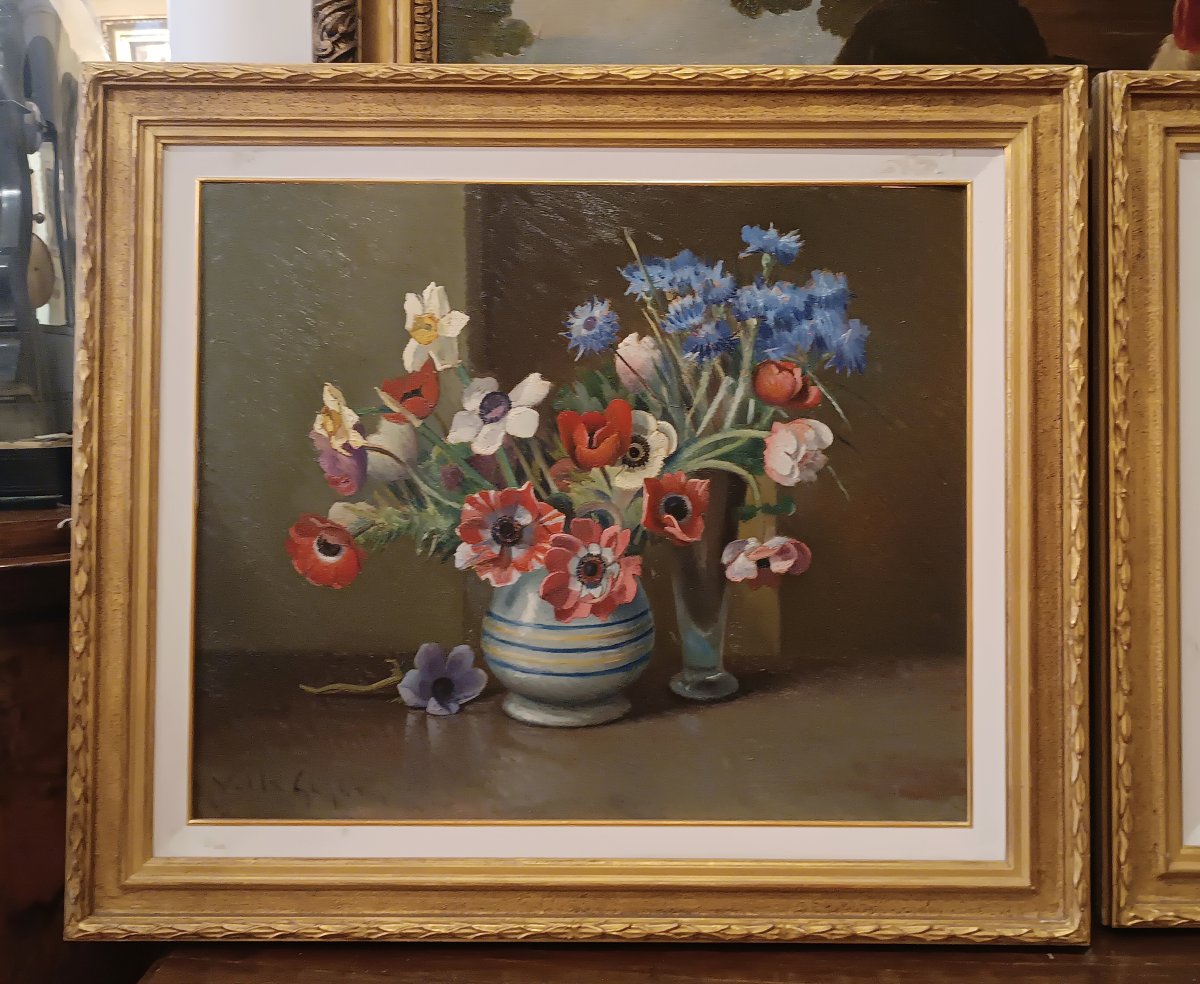 COPPIA DI DIPINTI CON FIORI VALENTINO GHIGLIA META' DEL XX SECOLO -photo-3