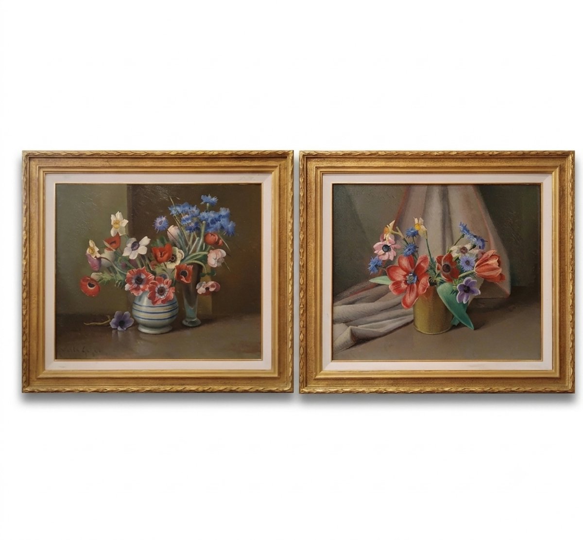 COPPIA DI DIPINTI CON FIORI VALENTINO GHIGLIA META' DEL XX SECOLO 