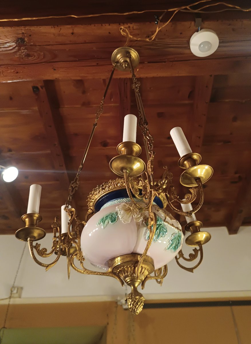 LAMPADARIO A SOSPENSIONE IN OTTONE E PORCELLANA SECONDA META' XIX SECOLO-photo-2