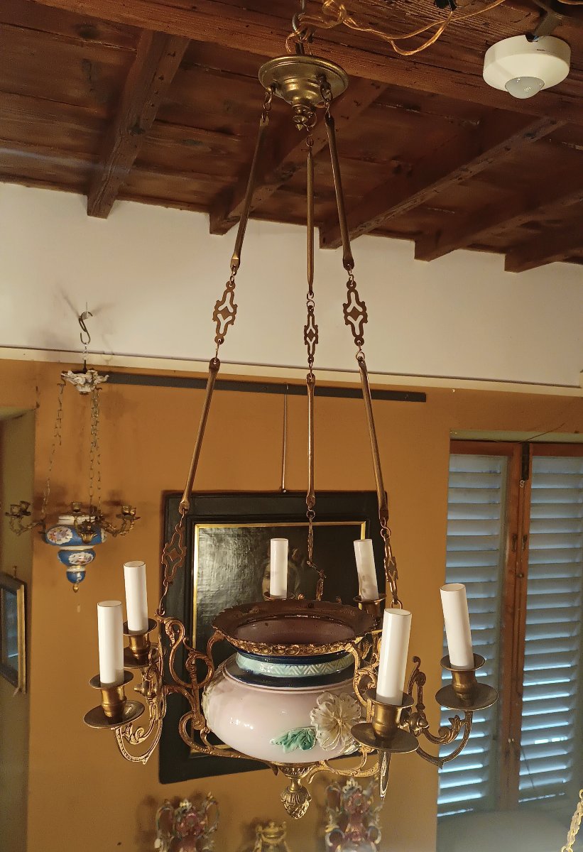 LAMPADARIO A SOSPENSIONE IN OTTONE E PORCELLANA SECONDA META' XIX SECOLO-photo-3