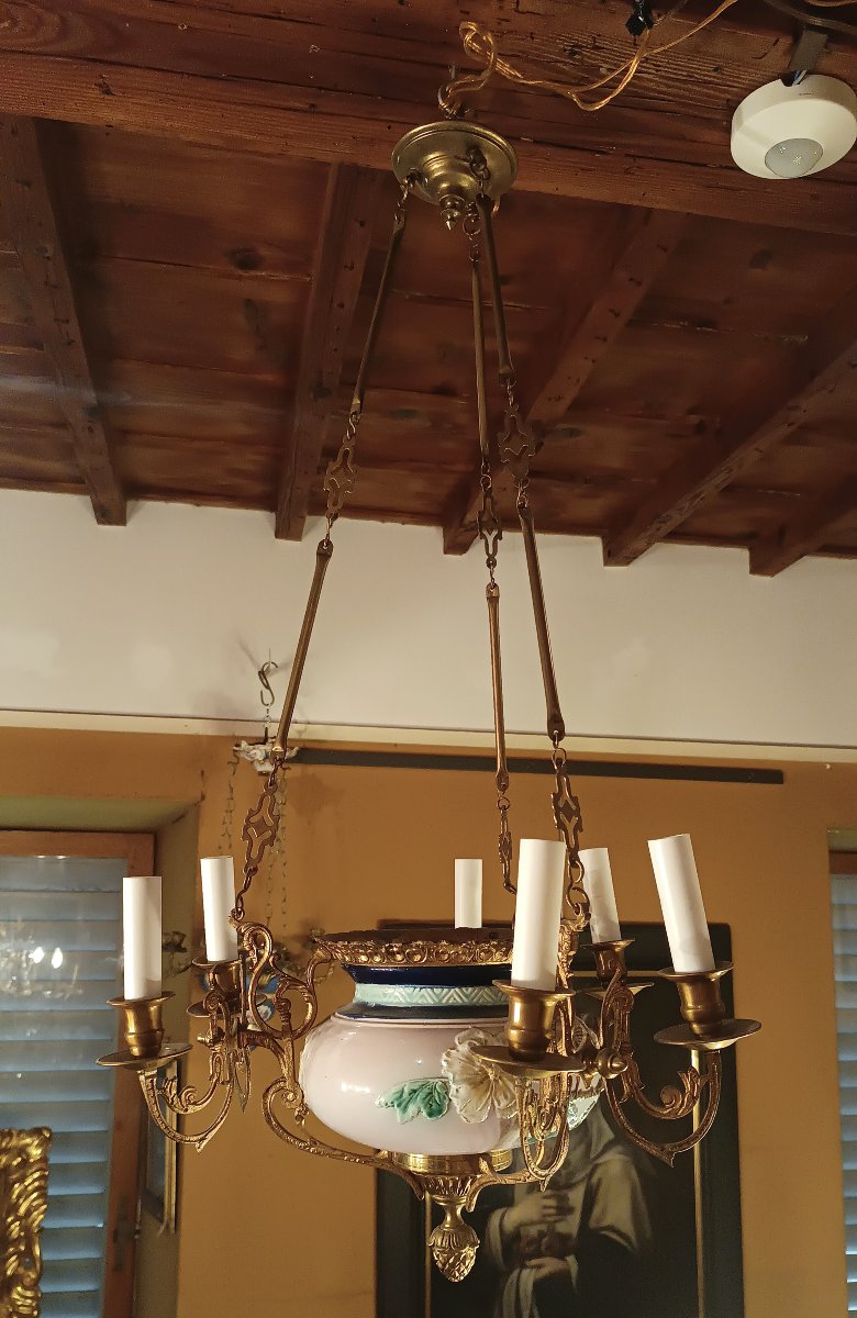 LAMPADARIO A SOSPENSIONE IN OTTONE E PORCELLANA SECONDA META' XIX SECOLO-photo-4