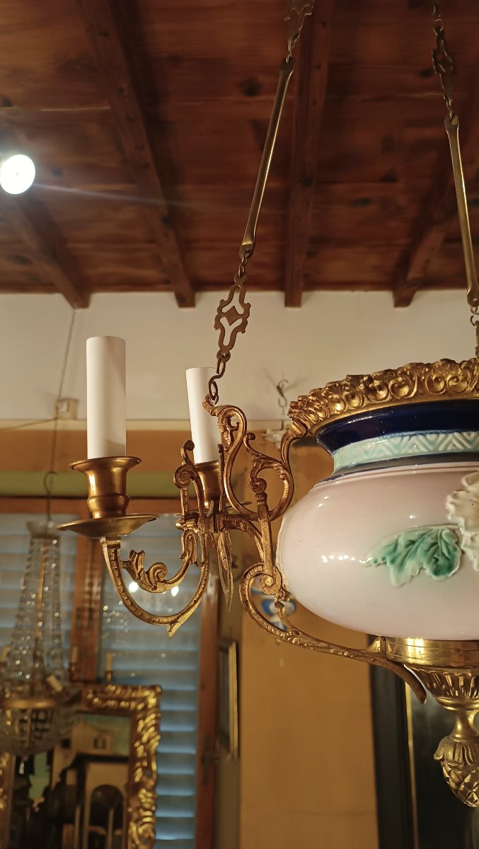LAMPADARIO A SOSPENSIONE IN OTTONE E PORCELLANA SECONDA META' XIX SECOLO-photo-1