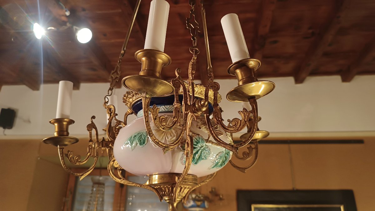 LAMPADARIO A SOSPENSIONE IN OTTONE E PORCELLANA SECONDA META' XIX SECOLO-photo-2