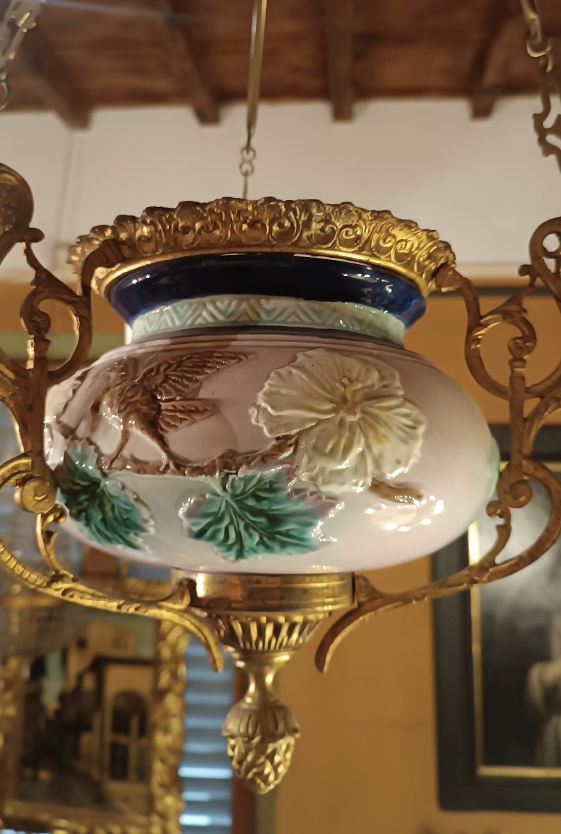 LAMPADARIO A SOSPENSIONE IN OTTONE E PORCELLANA SECONDA META' XIX SECOLO-photo-3