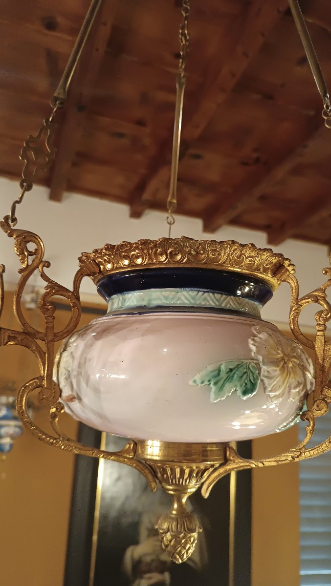 LAMPADARIO A SOSPENSIONE IN OTTONE E PORCELLANA SECONDA META' XIX SECOLO-photo-4