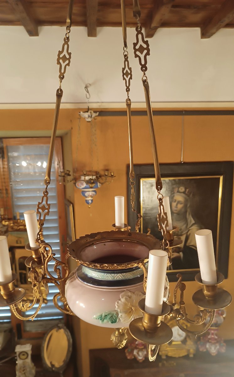 LAMPADARIO A SOSPENSIONE IN OTTONE E PORCELLANA SECONDA META' XIX SECOLO-photo-5