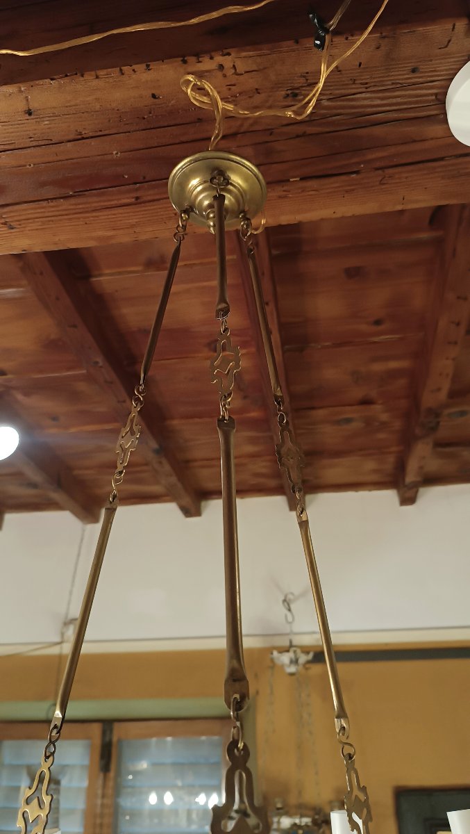 LAMPADARIO A SOSPENSIONE IN OTTONE E PORCELLANA SECONDA META' XIX SECOLO-photo-7