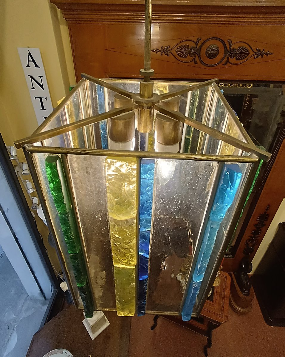 LAMPADARIO IN VETRO MULTICOLORE POLLONI ANNI '60 -photo-3