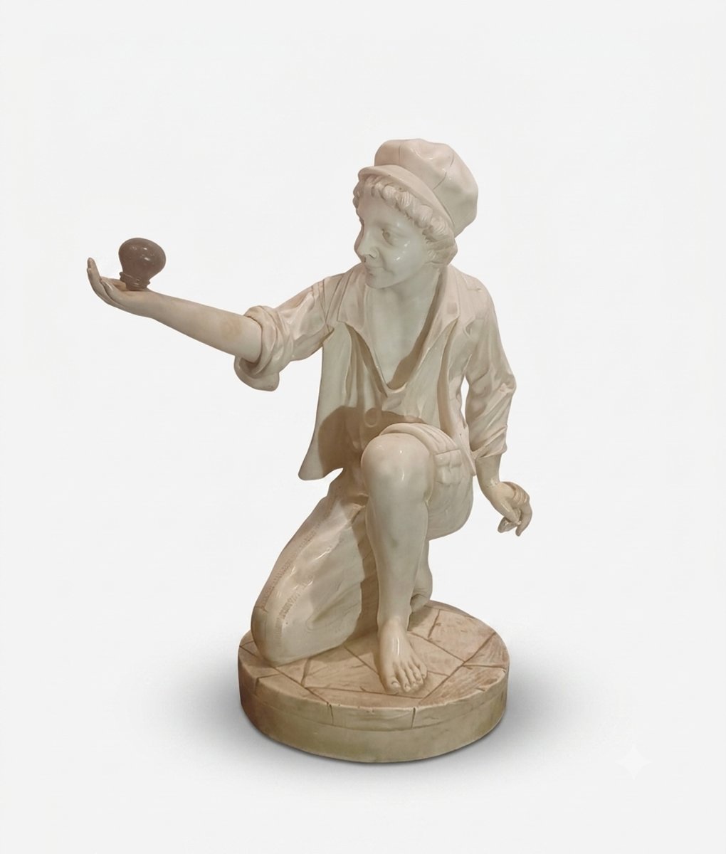 SCULTURA IN ALABASTRO "RAGAZZO CON TROTTOLA" SECONDA META' XIX SECOLO 