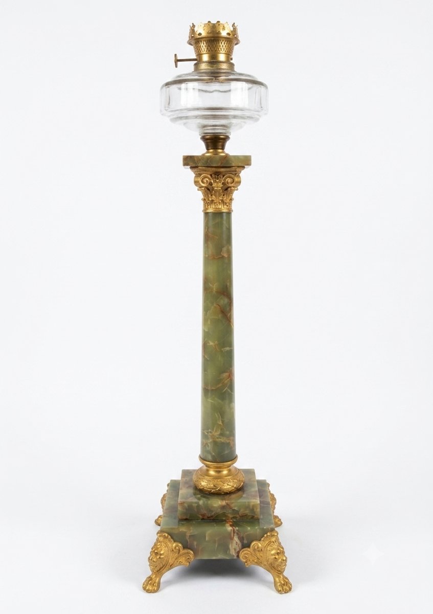 LUME A PETROLIO IN ONICE E BRONZO DORATO FINE XIX SECOLO