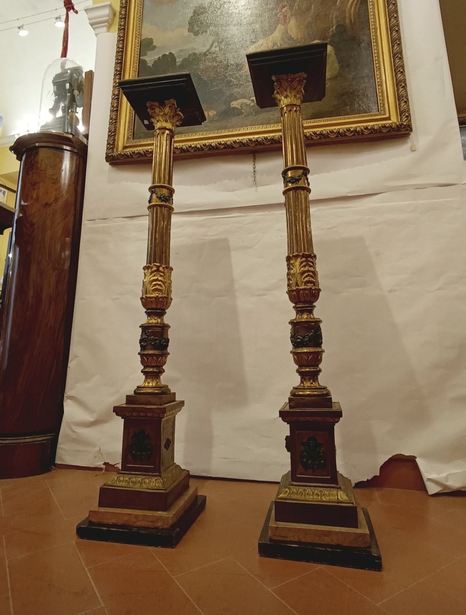 COPPIA DI COLONNE IN LEGNO E TOLLA DORATA FINE XIX SECOLO-photo-2