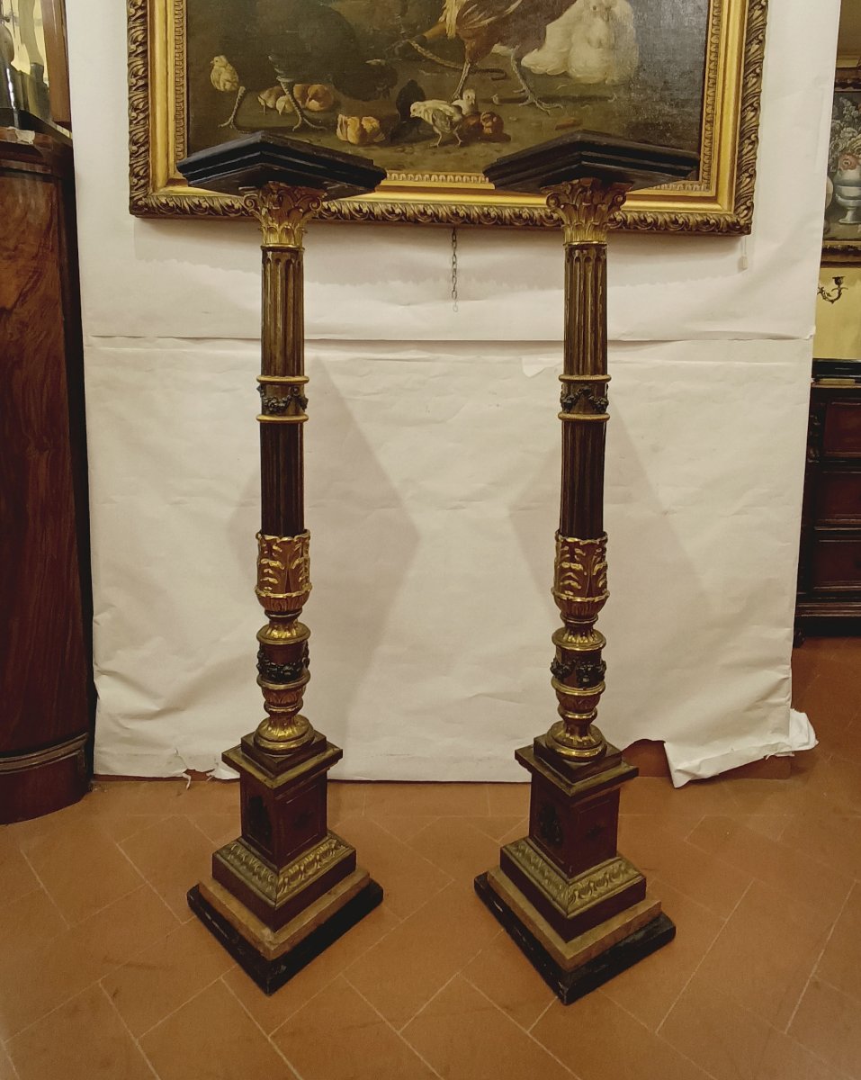 COPPIA DI COLONNE IN LEGNO E TOLLA DORATA FINE XIX SECOLO-photo-3