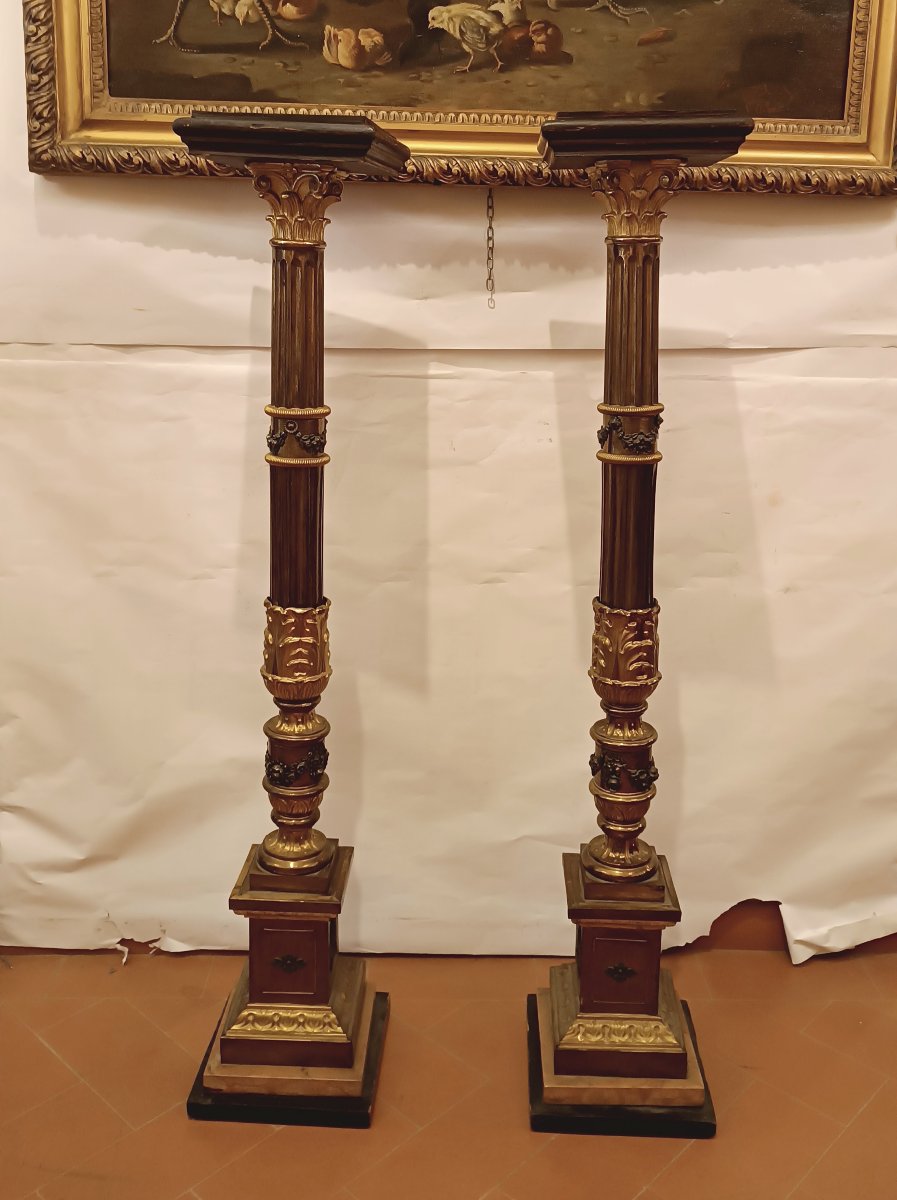 COPPIA DI COLONNE IN LEGNO E TOLLA DORATA FINE XIX SECOLO-photo-4