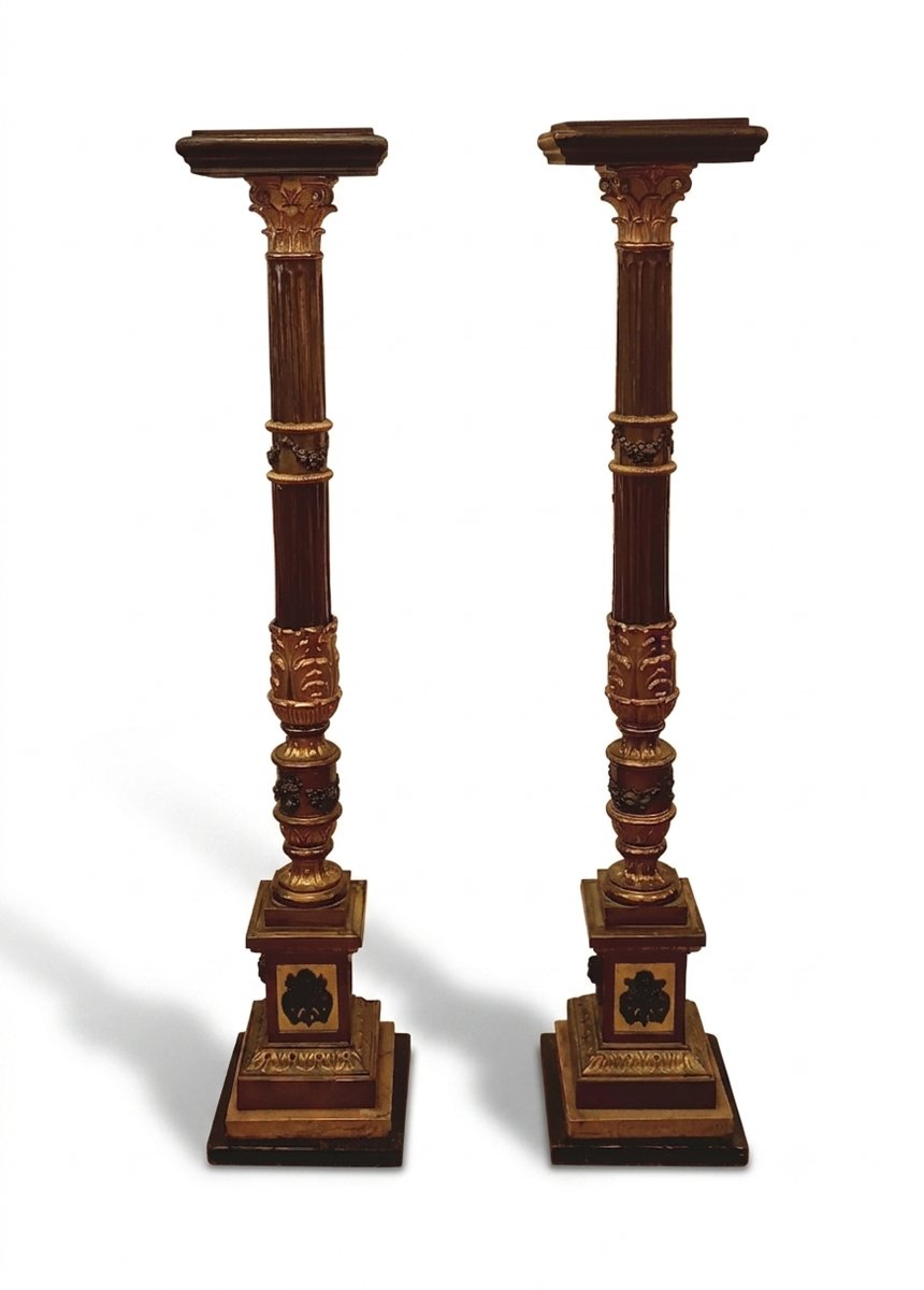 COPPIA DI COLONNE IN LEGNO E TOLLA DORATA FINE XIX SECOLO