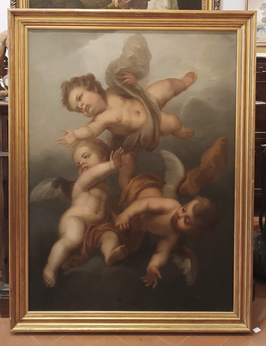 DIPINTO CON AMORINI VOLANTI INIZI XVIII SECOLO-photo-1