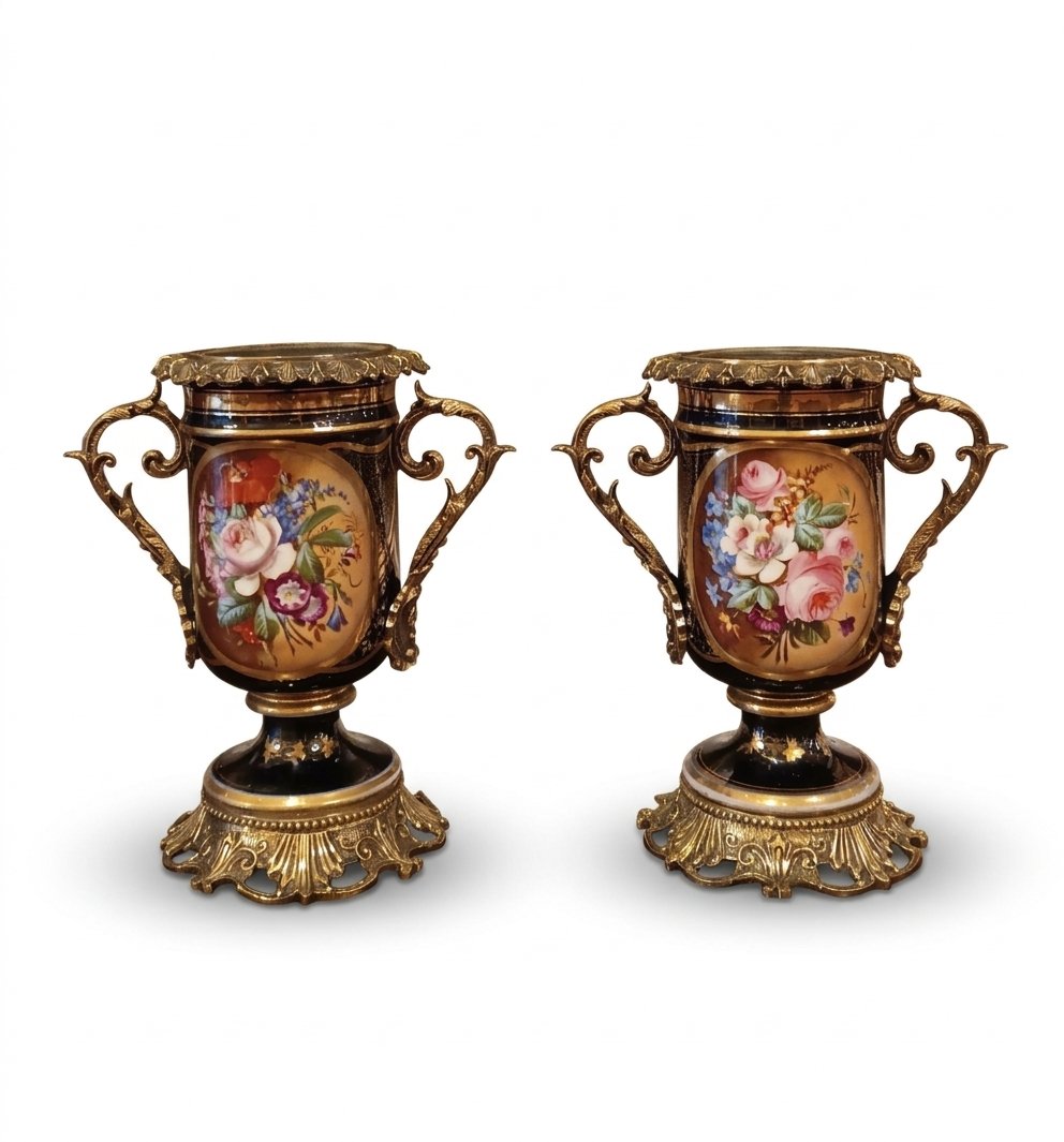 COPPIA DI VASI IN PORCELLANA E BRONZO META' XIX SECOLO