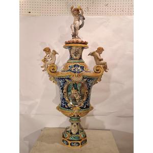 GRANDE VASO IN MAIOLICA POLICROMA JAFET TORELLI SECONDA META' XIX SECOLO