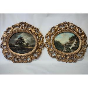 COPPIA DI PAESAGGI A OLIO SU TAVOLETTA INIZIO DEL XIX SECOLO