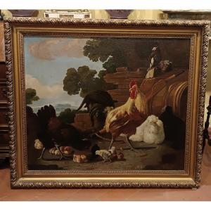 DIPINTO CON GALLI E GALLINE META' XIX SECOLO