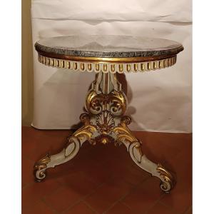 TAVOLO DIPINTO E DORATO CON PIANO IN MARMO META' XIX SECOLO
