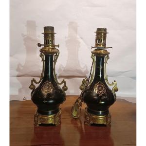 COPPIA DI LUMI IN PORCELLANA E BRONZO DORATO SECONDA META' XIX SECOLO