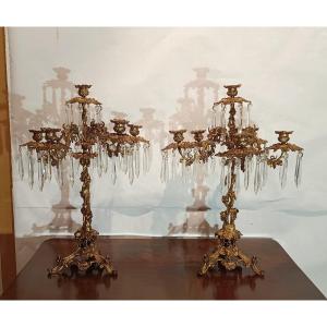 COPPIA DI CANDELABRI IN BRONZO DORATO E CRISTALLI PRIMA META' XIX SECOLO  