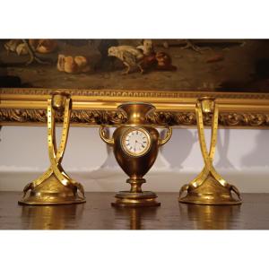 TRITTICO CON OROLOGIO E CANDELABRI META' XIX SECOLO 