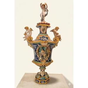 GRANDE VASO IN MAIOLICA POLICROMA JAFET TORELLI SECONDA META' XIX SECOLO