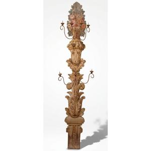 GRANDE APPLIQUE IN LEGNO DIPINTO META' XIX SECOLO