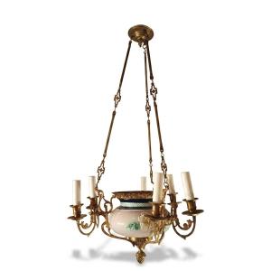 LAMPADARIO A SOSPENSIONE IN OTTONE E PORCELLANA SECONDA META' XIX SECOLO