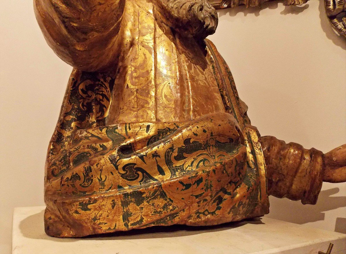 Scultura in legno policromo e ricca decorazione 'Estofado de Oro, ambito Ducato di Milano XVIs-photo-4