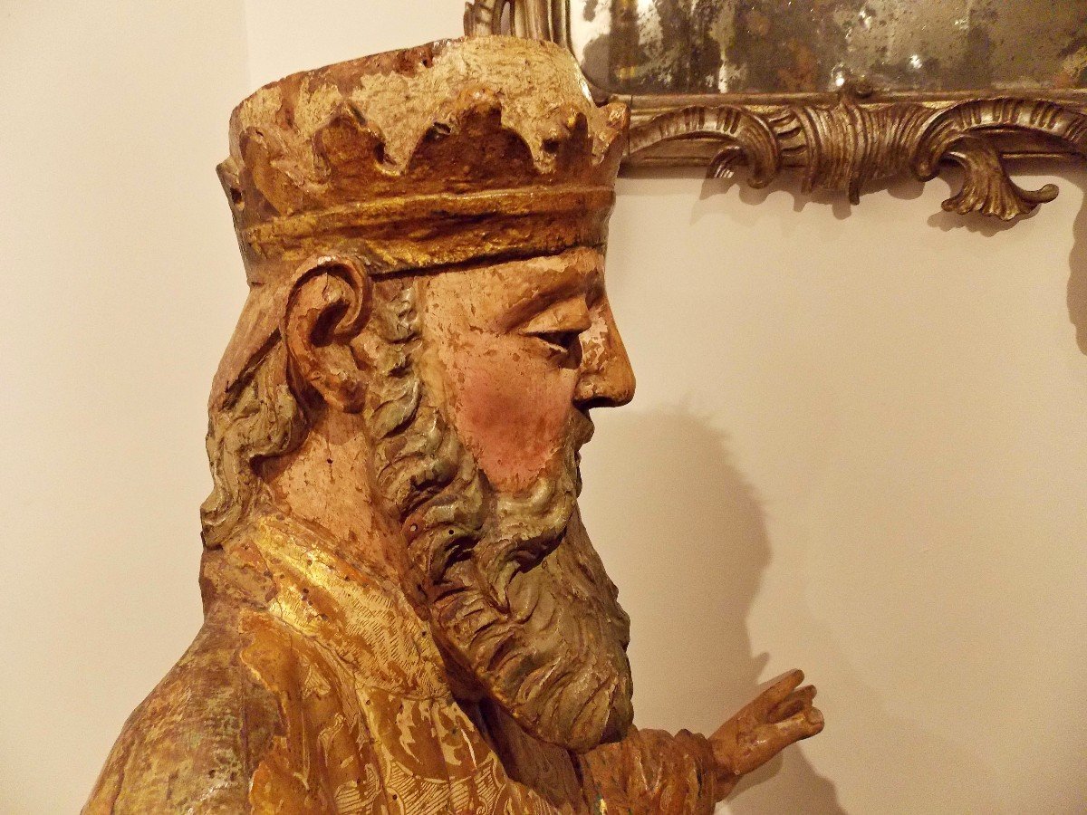 Scultura in legno policromo e ricca decorazione 'Estofado de Oro, ambito Ducato di Milano XVIs-photo-3