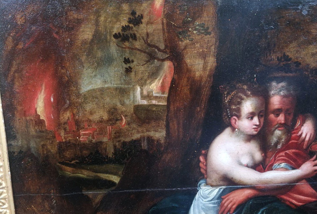 Lot e le figlie. Affascinante olio su tavola di scuola Fiamminga fine XVI- primi XVII secolo.-photo-2