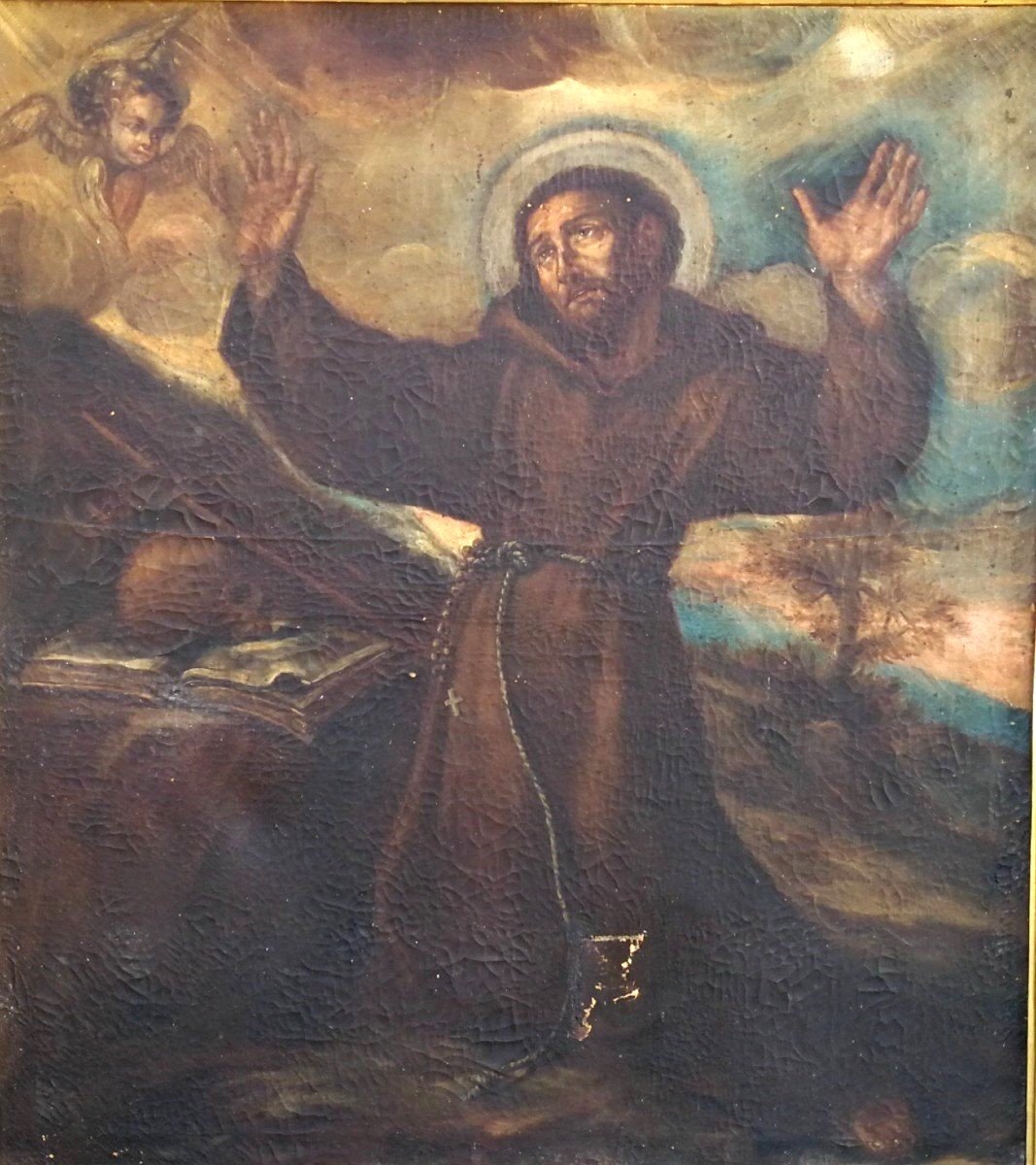 San Francesco in estasi, olio su tela della prima metà del seicento su cornice coeva.-photo-2