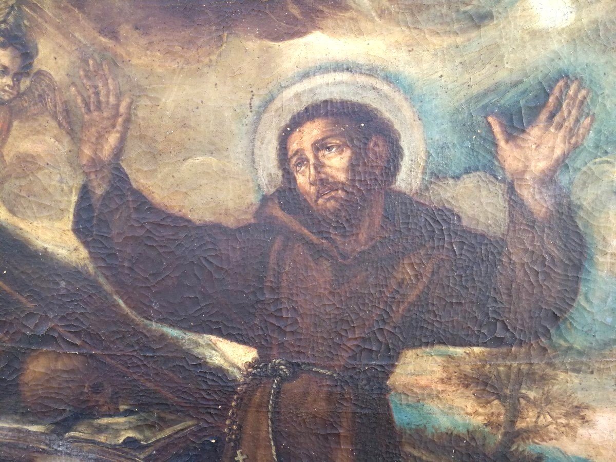 San Francesco in estasi, olio su tela della prima metà del seicento su cornice coeva.-photo-3