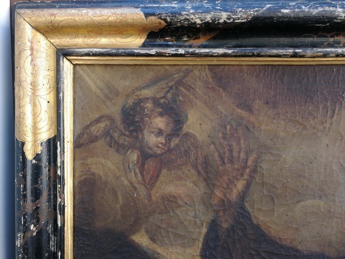 San Francesco in estasi, olio su tela della prima metà del seicento su cornice coeva.-photo-4
