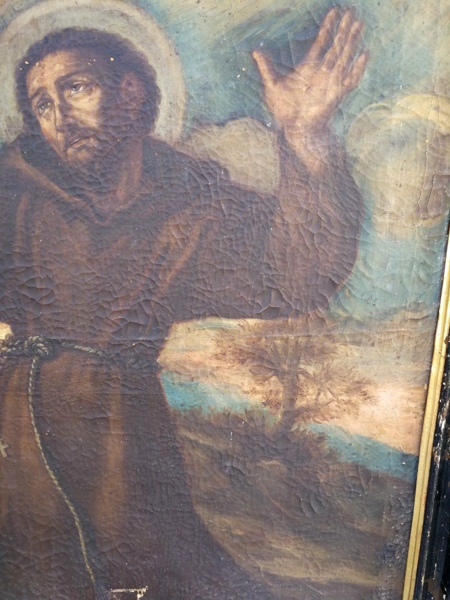 San Francesco in estasi, olio su tela della prima metà del seicento su cornice coeva.-photo-2