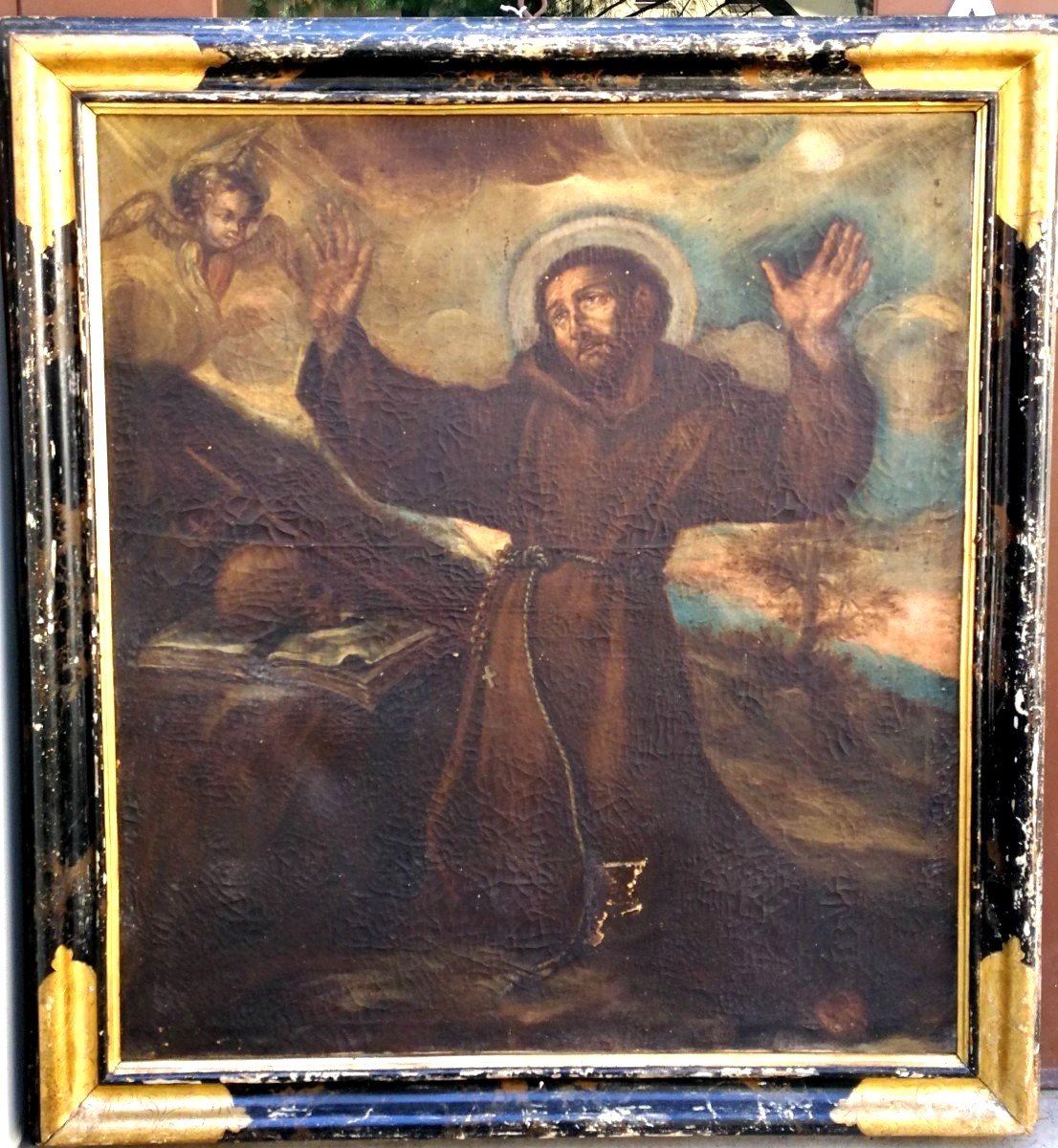 San Francesco in estasi, olio su tela della prima metà del seicento su cornice coeva.