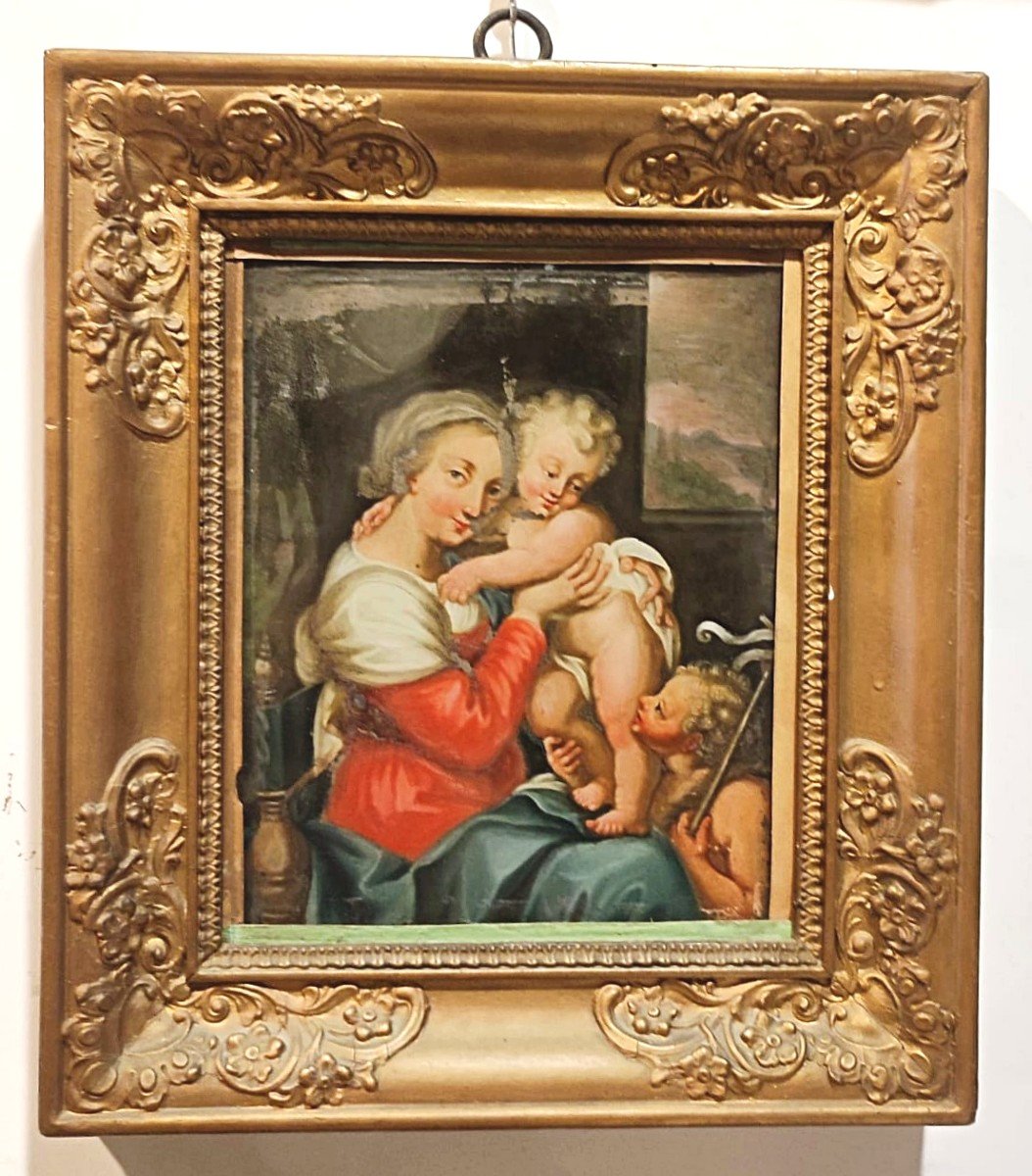 Pittura su vetro - Madonna con bambino. Italia settentrionale,  fine del XVII secolo.