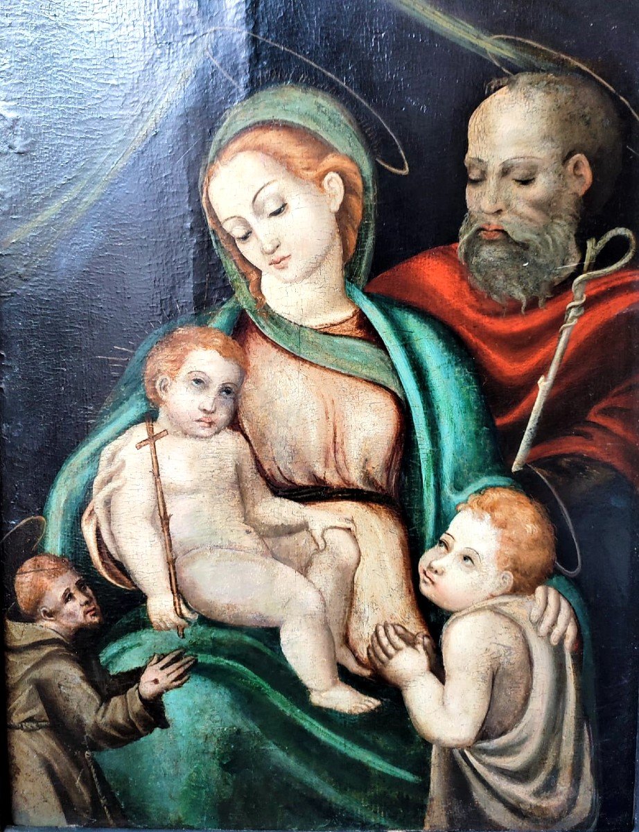 Dipinto su tavola del XVI secolo Madonna con bambino, san Romualdo e frate francescano.-photo-2