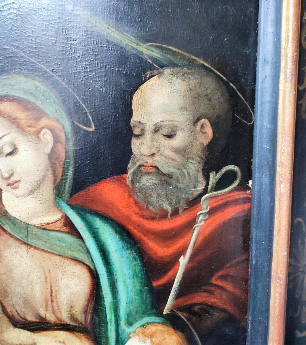 Dipinto su tavola del XVI secolo Madonna con bambino, san Romualdo e frate francescano.-photo-3