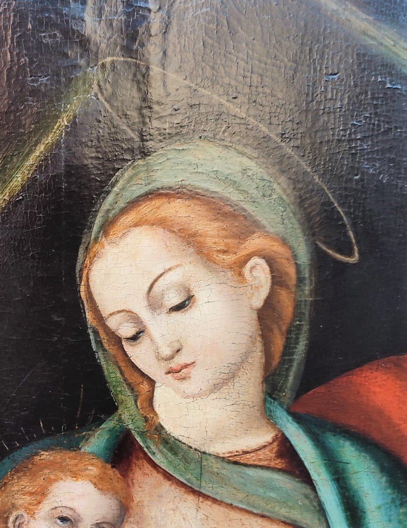 Dipinto su tavola del XVI secolo Madonna con bambino, san Romualdo e frate francescano.-photo-4