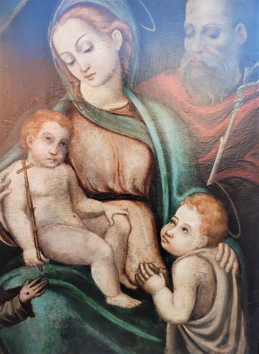 Dipinto su tavola del XVI secolo Madonna con bambino, san Romualdo e frate francescano.-photo-1