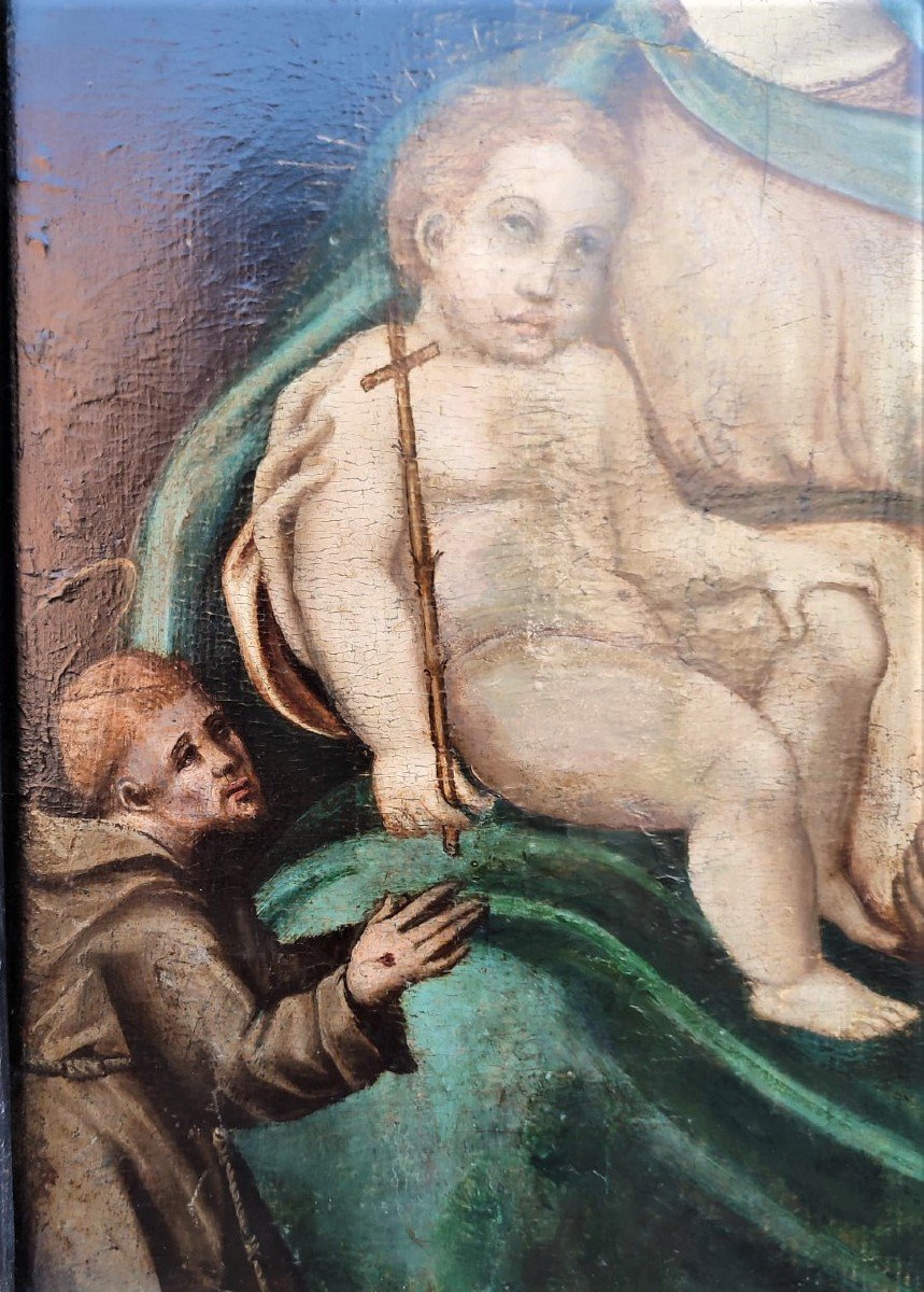Dipinto su tavola del XVI secolo Madonna con bambino, san Romualdo e frate francescano.-photo-2