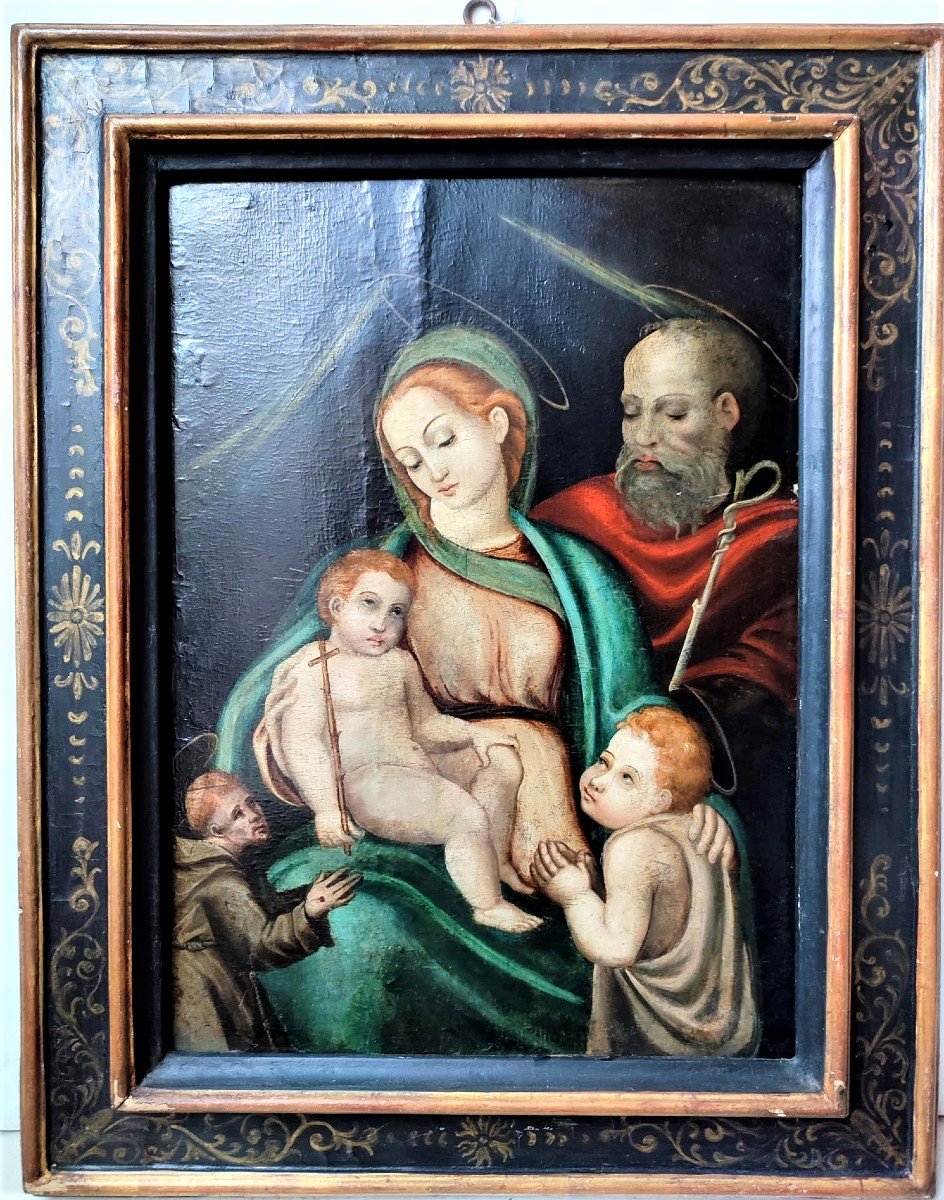 Dipinto su tavola del XVI secolo Madonna con bambino, san Romualdo e frate francescano.